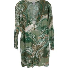 Chico’s Cardigan Sweater Size 1 Medium Longline Green Paisley Button Up